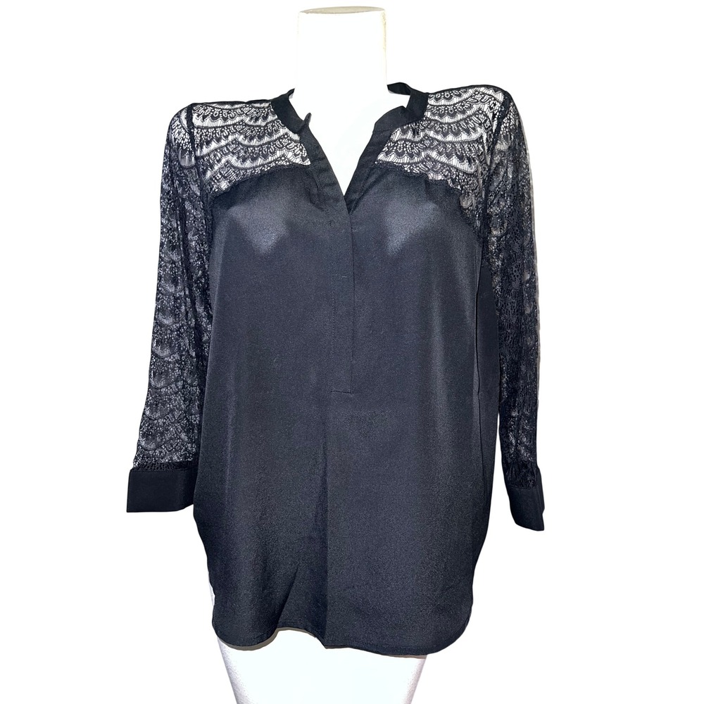 Neiman Marcus Top Womens Size L Black Lace Pleated Back Long Sleeve Blouse
